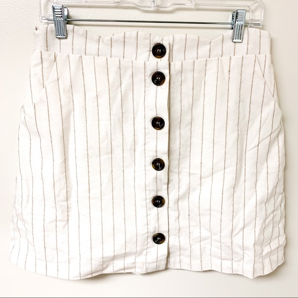 Altar'd State Dresses & Skirts - Altar’d State White Cotton Linen Stripes Skirt With Scallop Trim Button Detail